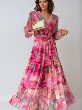 WOMEN'S SUMMER FLORAL WRAP MAXI DRESS  M